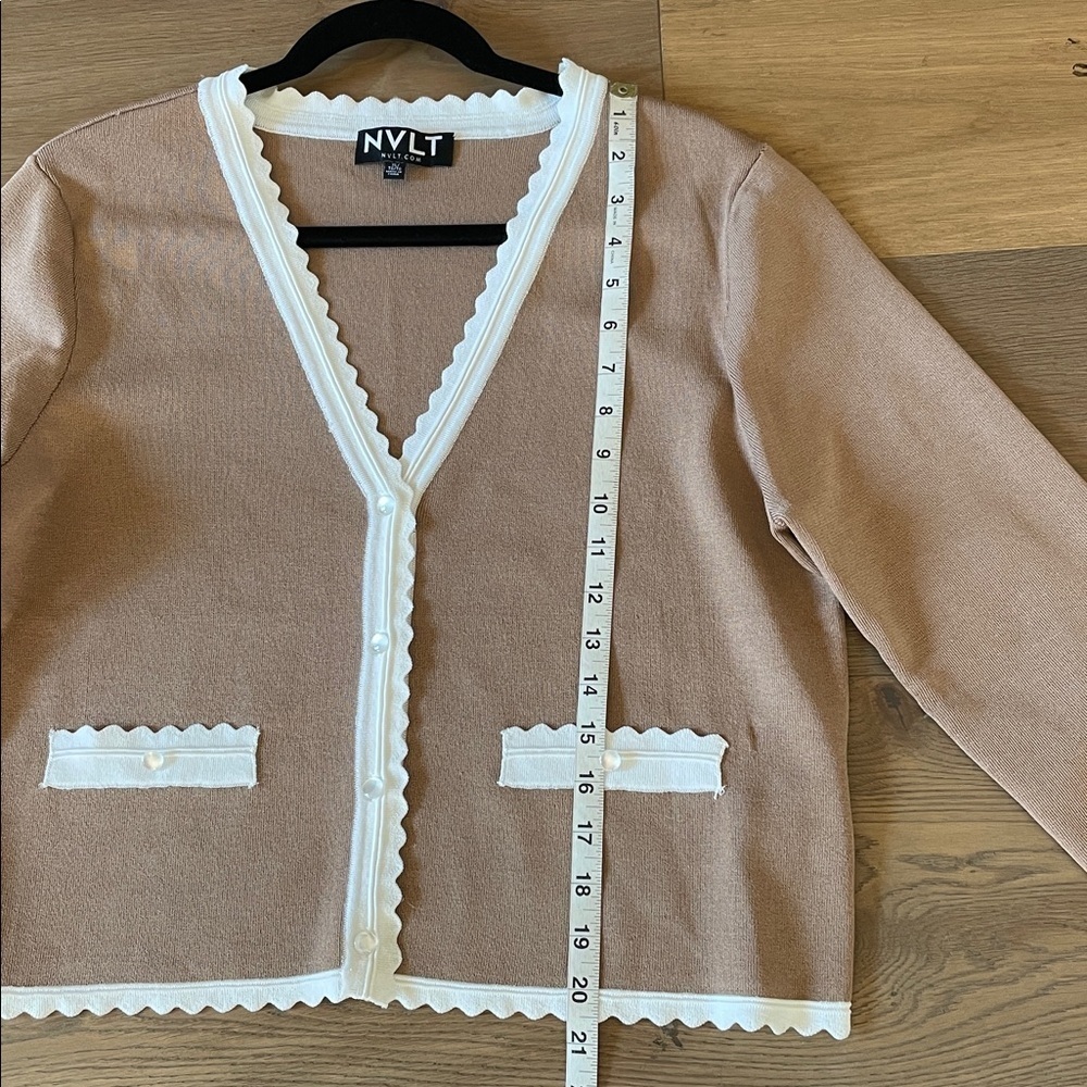 NVLT x Anthropologie Scallop Trim V Neck Cardigan Women's Size XL Camel NWOT - Picture 8 of 9